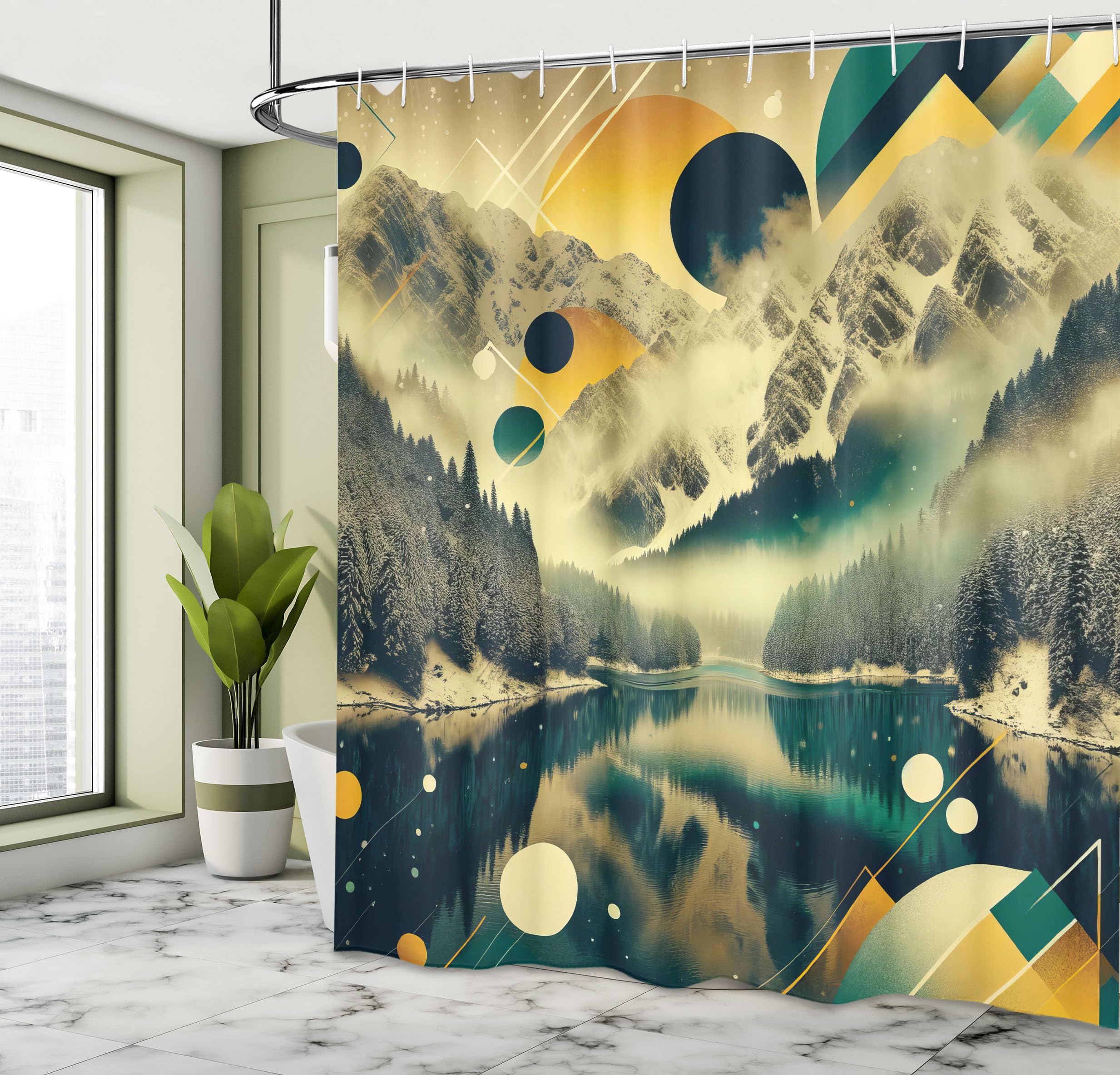 Ambesonne Lake Shower Curtain, Geometric Rounds And Triangles Ornate Misty Water Scene With Dark Woods, Cloth Fabric Bathroom De
